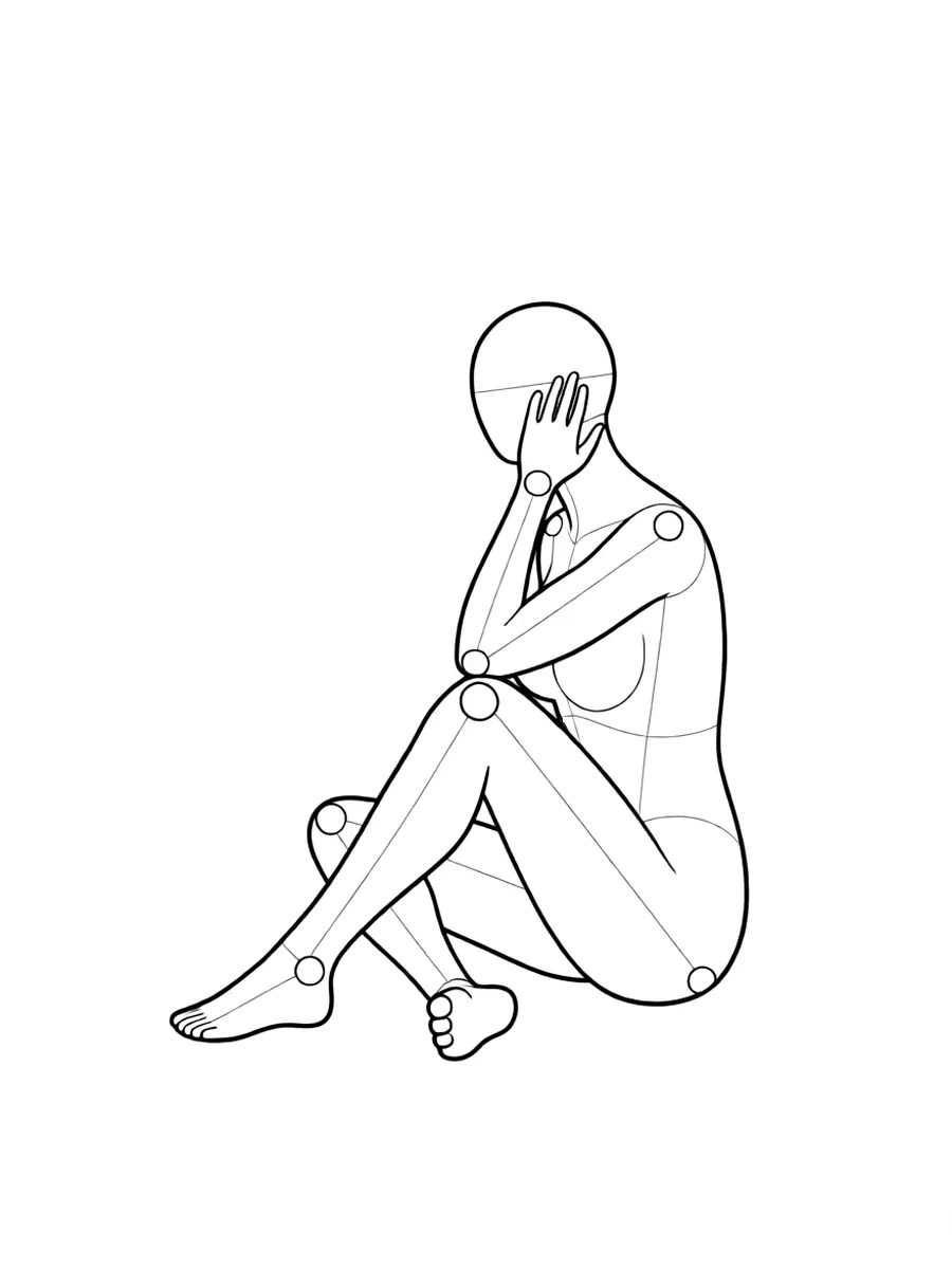 P046 侧坐・手贴脸颊 · 侧面